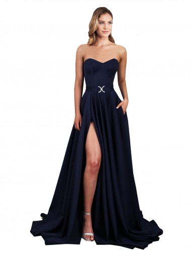 Shop Sweetheart Neckline Low Back Long Formal Crepe Bridesmaid Dress / Prom Dress with Pockets & High Leg Spit Calgary
