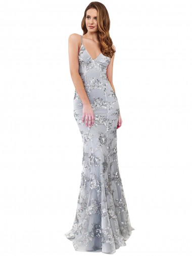Shop Silver V-Neckline Backless Floral Patterned Sequin Formal Bridesmaid Dress / Prom Dress Calgary