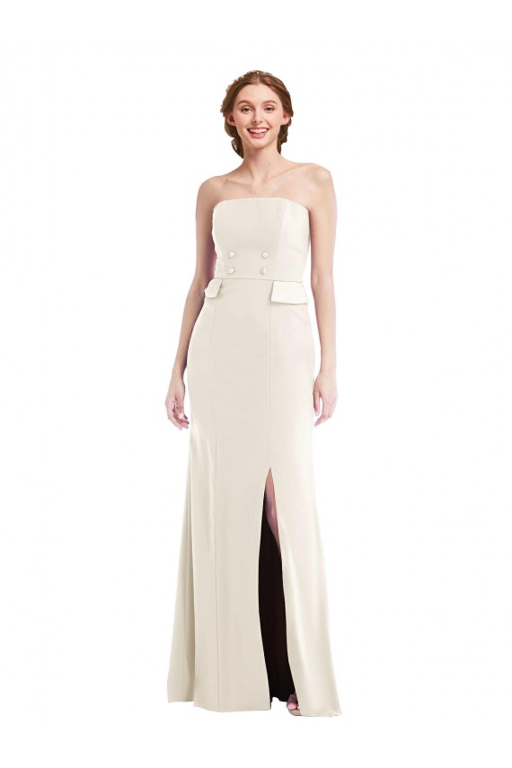 Long Strapless Tuxedo Maxi Bridesmaid Dress / Prom Dress with Front Slit & Pockets