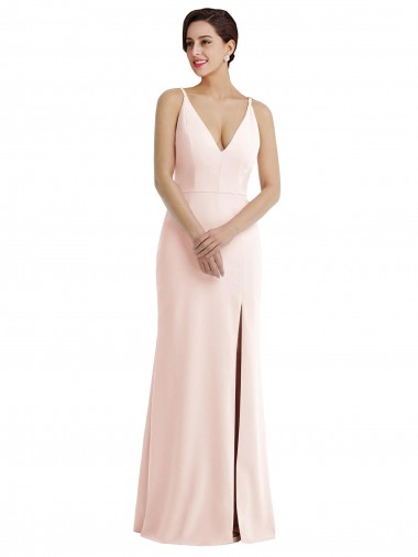Shop Skinny Strap Deep V-Neck Trumpet Formal Crepe Bridesmaid Dress / Prom Dress with Front Slit Calgary