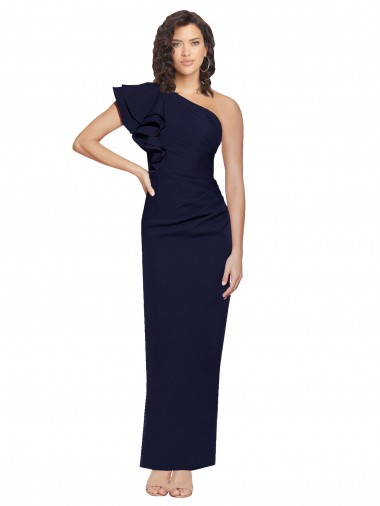 Shop Ruched Floor Length Long Formal Crepe Bridesmaid Dress / Prom Dress with Shoulder Ruffles Calgary