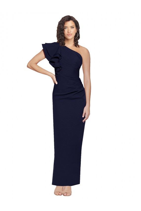 Ruched Floor Length Long Formal Crepe Bridesmaid Dress / Prom Dress with Shoulder Ruffles