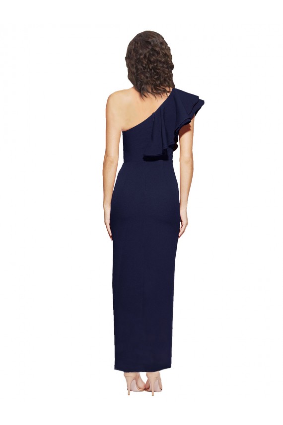 Ruched Floor Length Long Formal Crepe Bridesmaid Dress / Prom Dress with Shoulder Ruffles