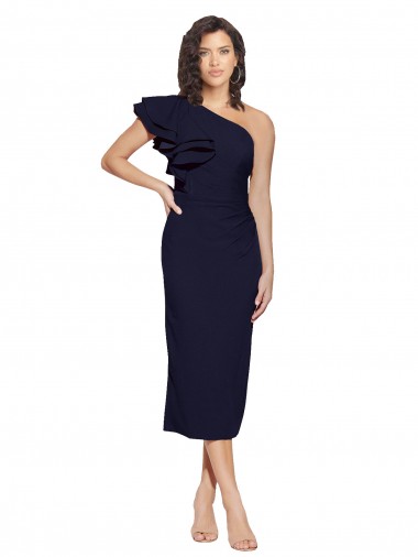 Shop Ruched Midi Length Short Cocktail Formal Crepe Bridesmaid Dress / Prom Dress with Shoulder Ruffles Calgary