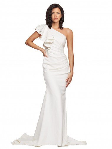 Shop Ruched Long Sweep Train Crepe Bridesmaid Dress / Prom Dress with Shoulder Ruffles Calgary