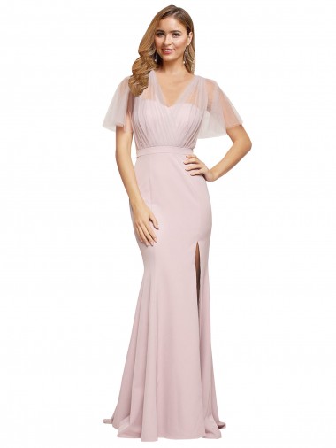 Shop Crepe Long Sweetheart Neckline Formal Bridesmaid Dress / Prom Dress with Tulle Overlay Shoulders Calgary