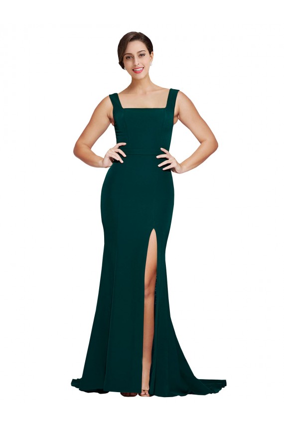 Fitted Square Neck Long Crepe Bridesmaid Dress / Prom Dress with Train and Side Split