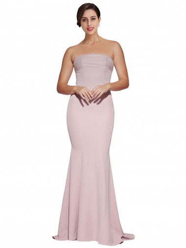 Shop Straight Neck Long Strapless Formal Crepe Bridesmaid Dress / Prom Dress with Soft Tulle Overlay and Small Train Calgary