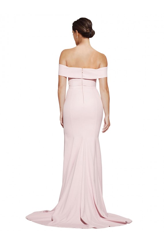 Off Shoulder Long Formal Crepe Bridesmaid Dress / Prom Dress with Straight Neckline and Side Split