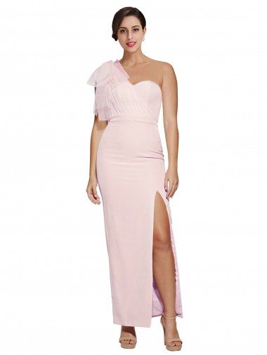 Shop One Shoulder Tulle Overlay Sweetheart Neckline Long Formal Crepe Bridesmaid Drss with Thigh Split Calgary
