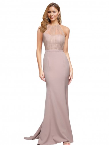 Shop Long Sweetheart Formal Crepe Bridesmaid Dress / Prom Dress with High Neck Illusion Tulle Details Calgary