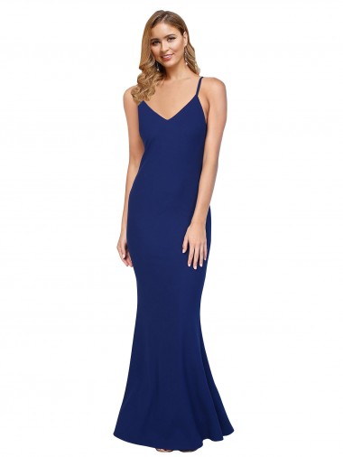 Shop Full Length V-Neckline Formal Crepe Bridesmaid Dress / Prom Dress with Thin Straps and Fulted Skirt Calgary