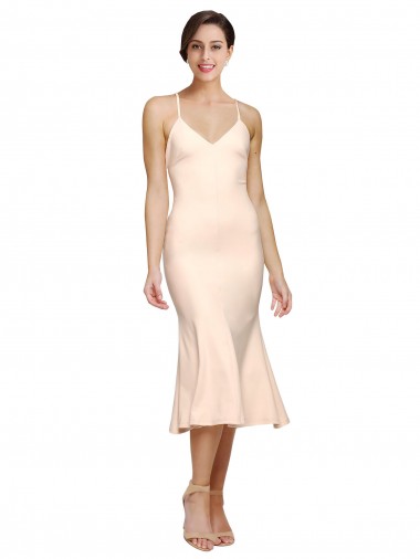 Shop Midi Cocktail Length V-Neckline Crepe Bridesmaid Dress / Prom Dress with Thin Straps and Fulted Skirt Calgary