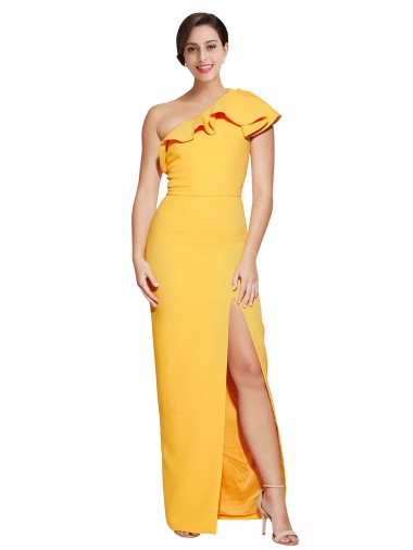 Shop One Shoulder Floor Length Formal Crepe Bridesmaid Dress / Prom Dress with Thigh High Split Calgary