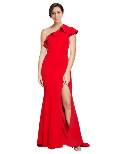 Shop One Shoulder Long Sweep Train Crepe Bridesmaid Dress / Prom Dress with Thigh High Split Calgary