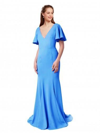 Shop Short Sleeves Long V-Neck Crepe Bridesmaid Dress / Prom Dress with V-Back Calgary