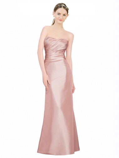 Shop Long Strapless Formal Stretch Satin Bridesmaid Dress / Prom Dress with Pleats and Low Back Calgary