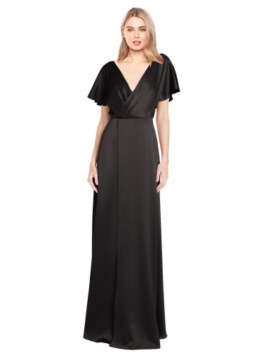 Shop Cap Sleeves Open Back Long Formal Stretch Satin Bridesmaid Dress / Prom Dress Calgary