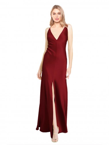 Shop Floor Length Deep V-Back Formal Stretch Satin Bridesmaid Dress / Prom Dress with Front Slit Calgary