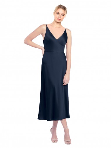 Shop V-Neck Midi Length Short Cocktail Formal Stretch Satin Bridesmaid Dress / Prom Dress V-Back Calgary