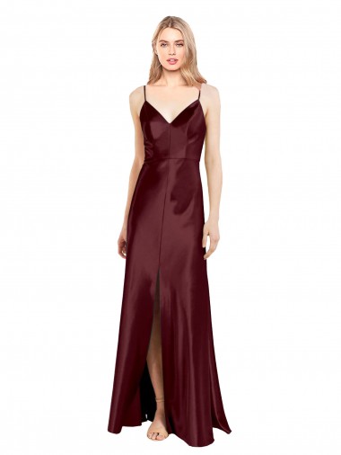 Shop Sleek Spaghetti Straps V-Neck Formal Stretch Satin Bridesmaid Dress / Prom Dress with Center Front Slit Calgary
