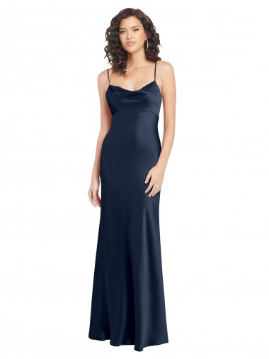 Shop Cowl Neck Long Empire Waist Formal Stretch Satin Bridesmaid Dress with Open Back Calgary