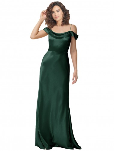 Shop Off the Shoulder Sleeves Long Formal Stretch Satin Bridesmaid Dress / Prom Dress with Pleated Draped Neckline Calgary