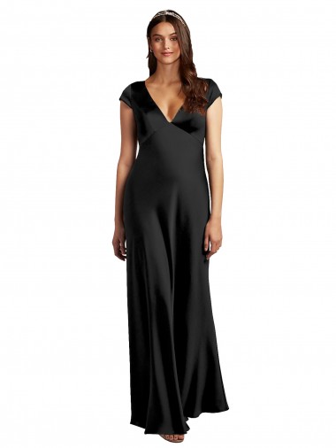 Shop Plunging V-Neck Cap Cleeves Long Formal Stretch Satin Bridesmaid Dress / Prom Dress with Keyhole Back Calgary