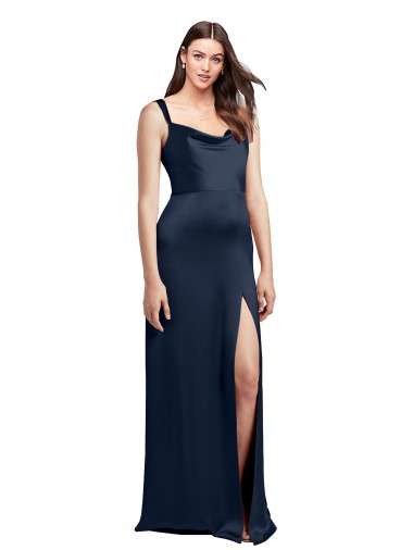 Shop Cowl Neck Soft Long Formal Stretch Satin Bridesmaid Dress / Prom Dress with Side Slit and Pleated Straps Calgary