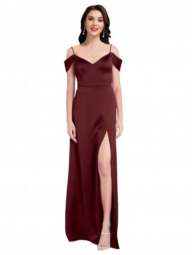 Shop Draped Off the Shoulder Sleeves Slim A-Line Formal Stretch Satin Bridesmaid Dress / Prom Dress with Side Slit Calgary