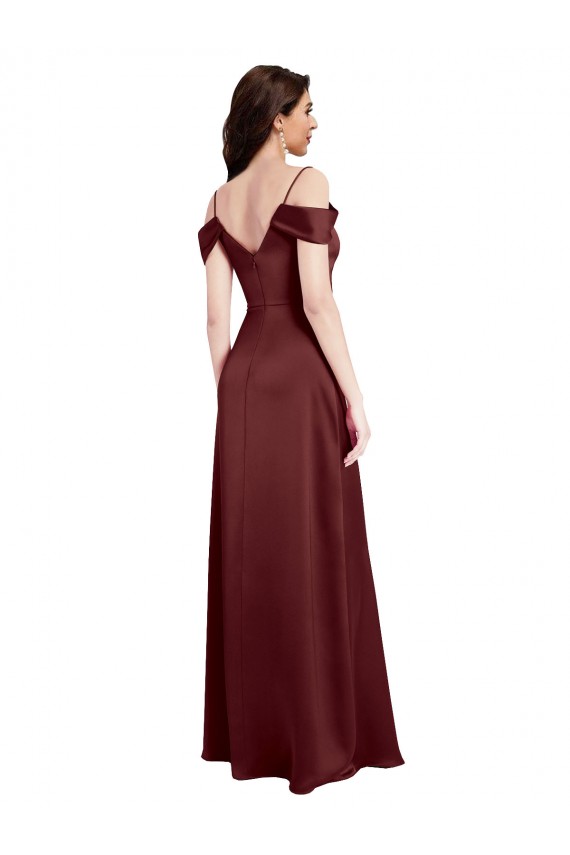 Draped Off the Shoulder Sleeves Slim A-Line Formal Stretch Satin Bridesmaid Dress / Prom Dress with Side Slit
