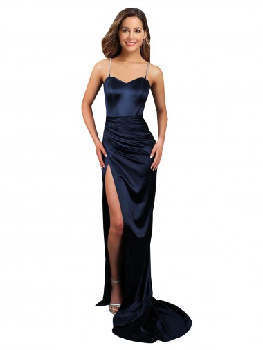 Shop Pleated Sash Skirt Long Formal Stretch Satin Bridesmaid Dress / Prom Dress with High Slit Calgary
