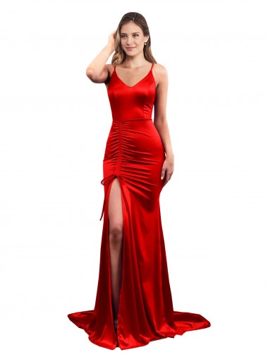 Shop Long Pleated Formal Stretch Satin Bridesmaid Dress / Prom Dress with High Slit Calgary