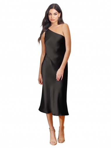 Shop Sleek One Shoulder Midi Length Short Cocktail Formal Stretch Satin Slip Bridesmaid Dress / Prom Dress Calgary