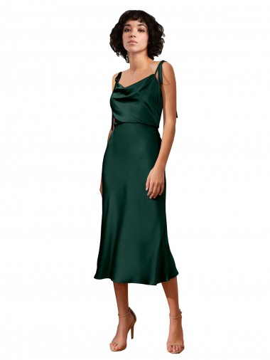 Shop Spaghetti Straps Tie Shoulders Cowl Neck Short Midi Length Formal Stretch Satin Cocktail Bridesmaid Dress / Prom Dress Calgary