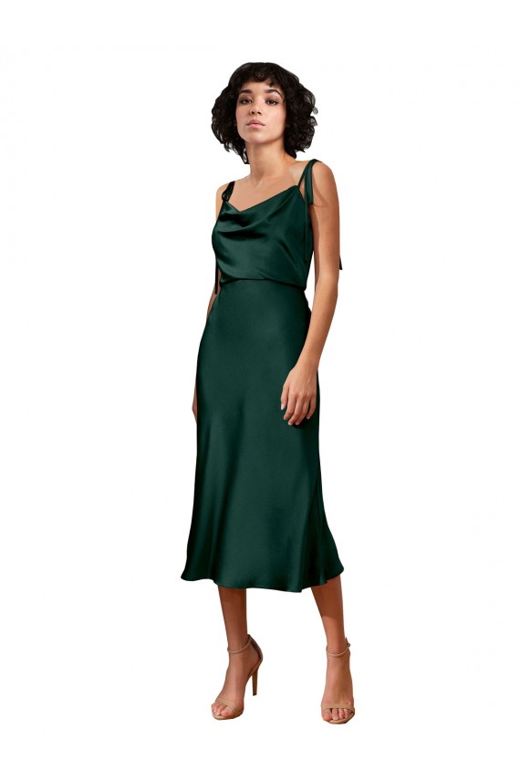 Spaghetti Straps Tie Shoulders Cowl Neck Short Midi Length Formal Stretch Satin Cocktail Bridesmaid Dress / Prom Dress