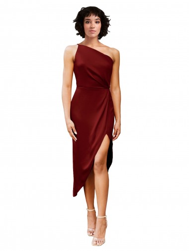 Shop One Shoulder Cocktail Midi Length Short Formal Stretch Satin Wrap Style Bridesmaid Dress / Prom Dress Calgary