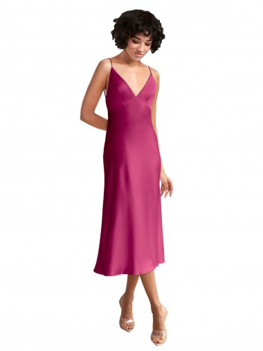 Shop Midi Length V-Neck Short Formal Stretch Satin Bridesmaid Dress / Cocktail Prom Dress with Low Scoop Back Calgary