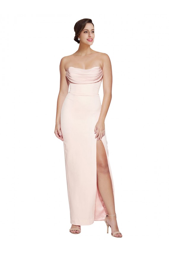 Cowl Neck Strapless Formal Stretch Satin Bridesmaid Dress / Prom Dress with High Split