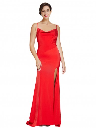 Shop Low Back Cowl Neck Formal Stretch Satin Bridesmaid Dress / Prom Dress with High Side Slit Calgary