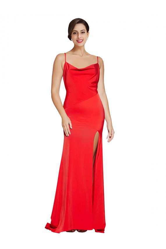 Low Back Cowl Neck Formal Stretch Satin Bridesmaid Dress / Prom Dress with High Side Slit