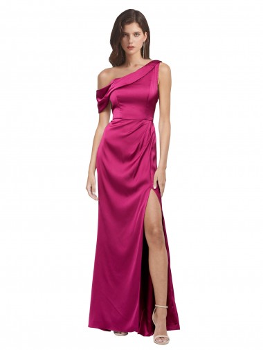 Shop Off the Shoulder Short Sleeves Formal Stretch Satin Bridesmaid Dress / Prom Dress with Side Slit Calgary