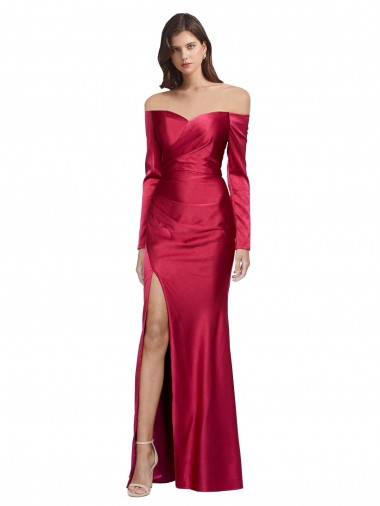 Shop Long Sleeves Off the Shoulder Formal Stretch Satin Bridesmaid Dress / Prom Dress with High Side Split Calgary