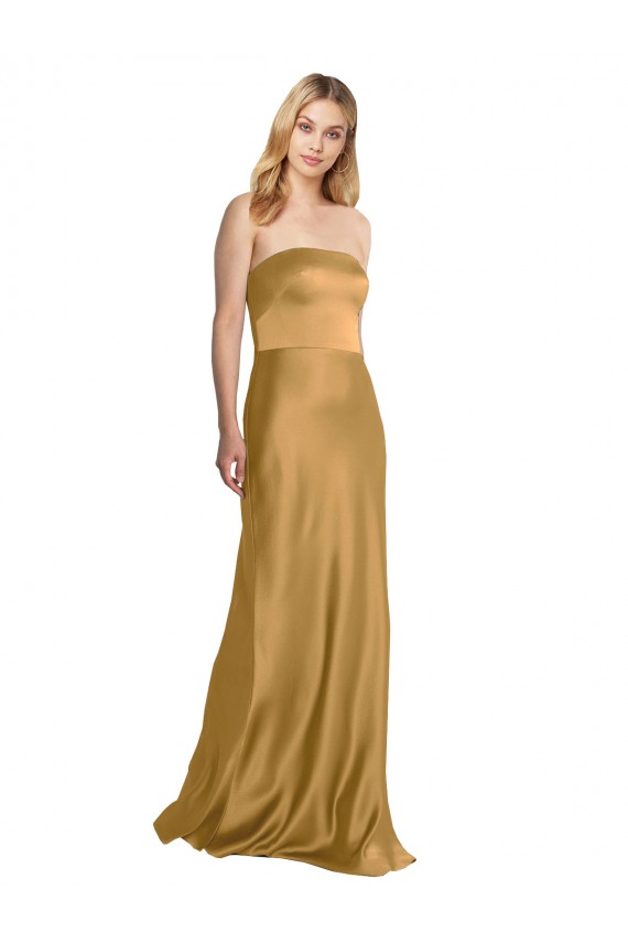 Sleek Strapless Long A-Line Formal Stretch Satin Bridesmaid Dress / Prom Dress