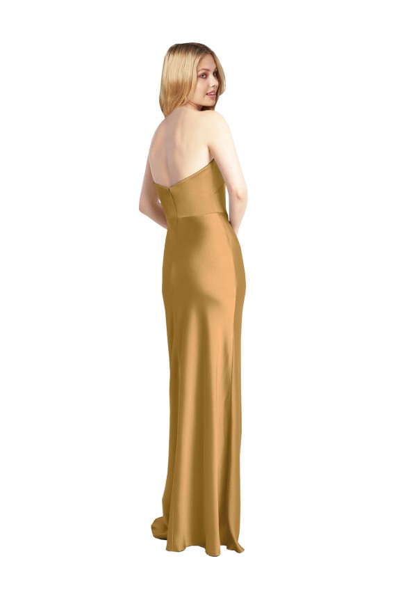Sleek Strapless Long A-Line Formal Stretch Satin Bridesmaid Dress / Prom Dress