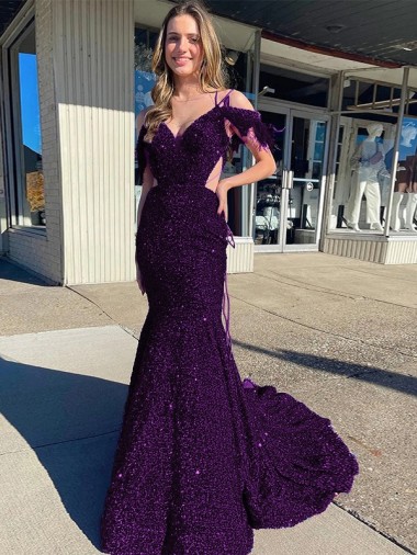 Shop Cold Shoulder Sleeveless Long Court Train Velvet Sequin Prom Dress Calgary