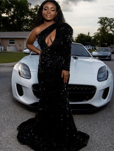Shop One Shoulder Long Sleeves Long Sweep Train Velvet Sequin Prom Dress Calgary