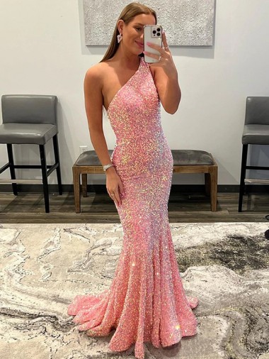 Shop Open Back One Shoulder Sleeveless Long Sweep Train Velvet Sequin Prom Dress Calgary