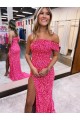 One Shoulder Sleeveless Long Sweep Train Velvet Sequin Prom Dress with Side Slit