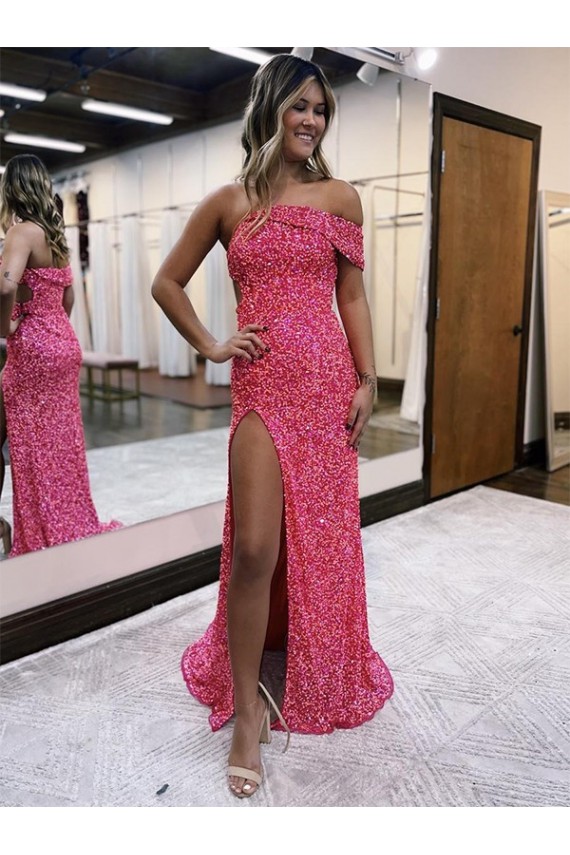 One Shoulder Sleeveless Long Sweep Train Velvet Sequin Prom Dress with Side Slit